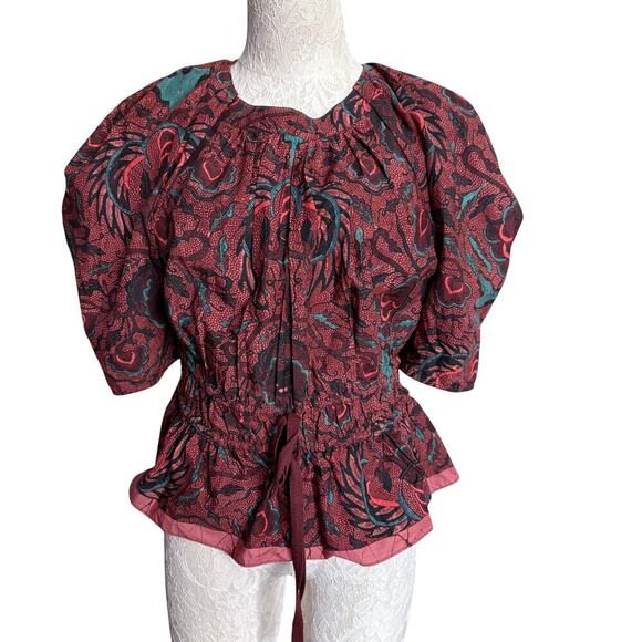 Ulla Johnson Denisa Carmine Peplum Blouse Dark Academia Boho Preppy Floral Sz M - Picture 1 of 9